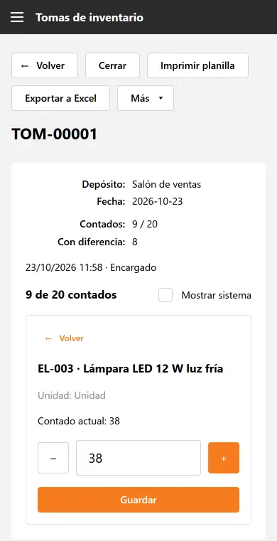 Toma de inventario en el celular: producto escaneado y cantidad contada.